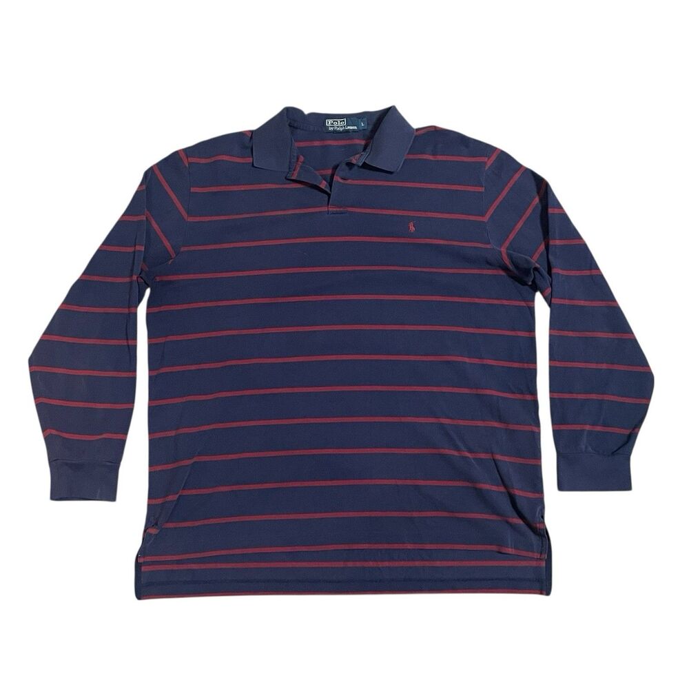VTG Polo Ralph Lauren Shirt Mens Large Long Sleeve Blue Maroon Striped Rugby